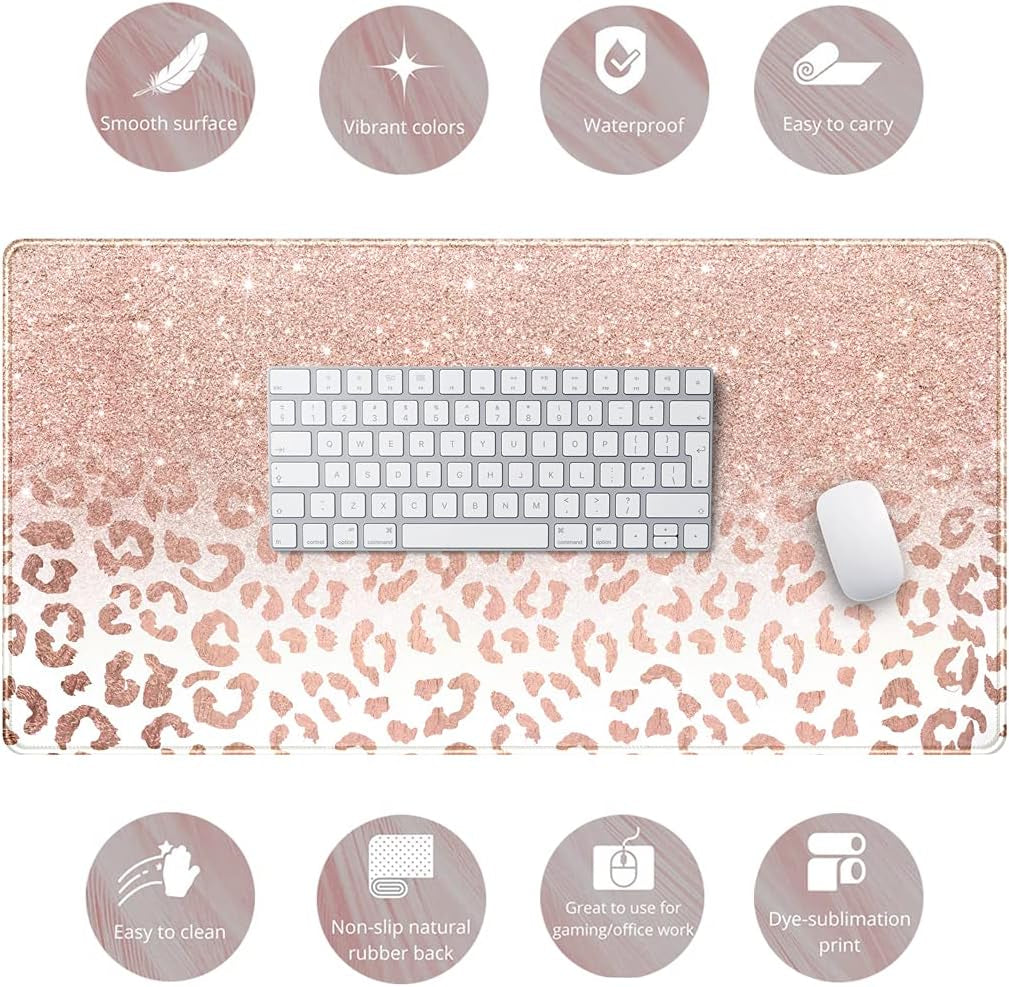 Large pink rose gold leopard print Desk Mat XXL mouse pad with stitched edges and non-slip bottom for office decor.