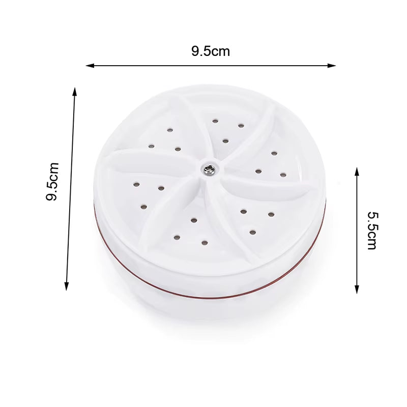 Tech stop Turboclean Mini Washer USB-powered ultrasonic laundry device for home and travel, shown in use with clothing item.