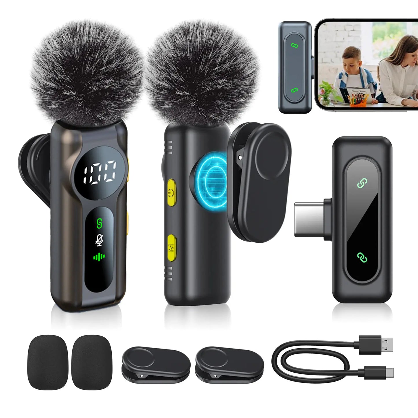 Wireless Lavalier Clip-On Microphones 2-Pack by Tech Stop, compact microphones with clip attachments for clear audio recording.