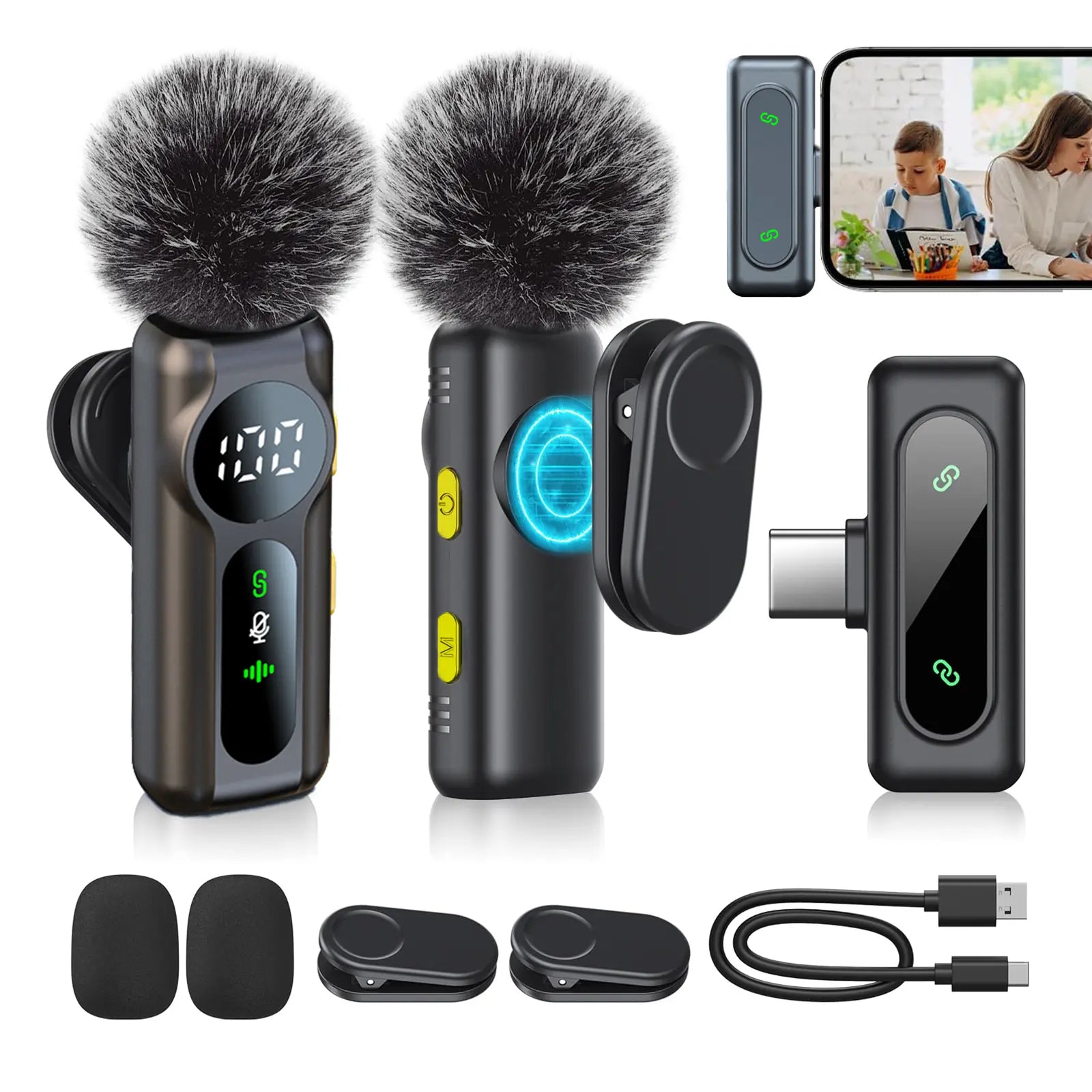 Wireless Lavalier Clip-On Microphones 2-Pack by Tech Stop, compact microphones with clip attachments for clear audio recording.