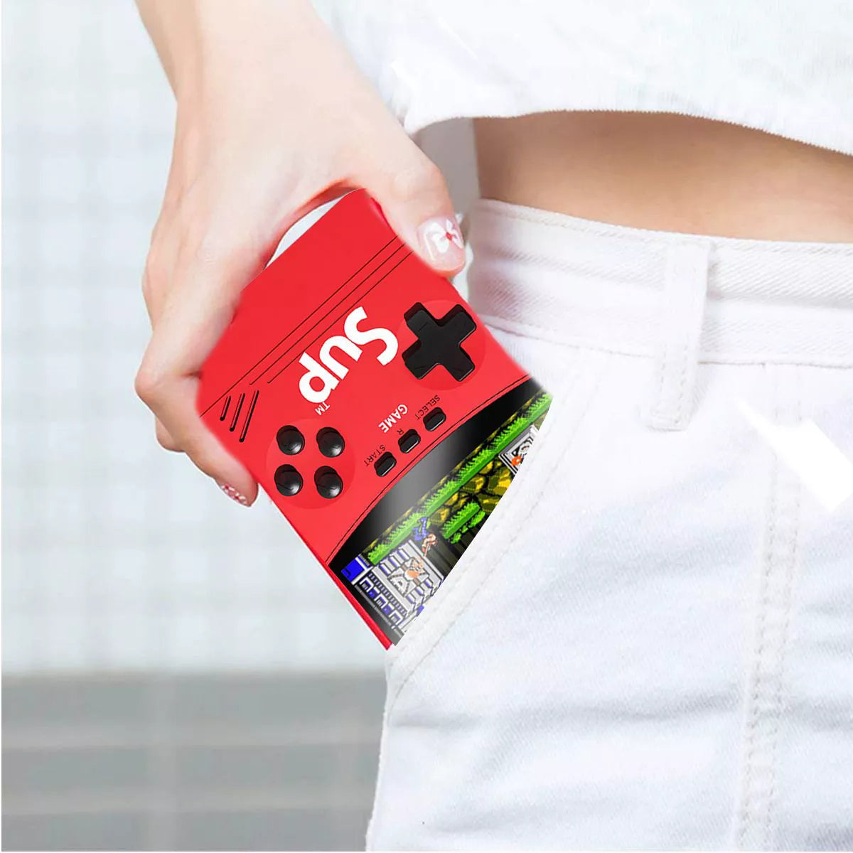 Tech Stop Link UPGRADED handheld retro gaming console with 500 games and built-in 5000mAh portable charger, shown in the image.