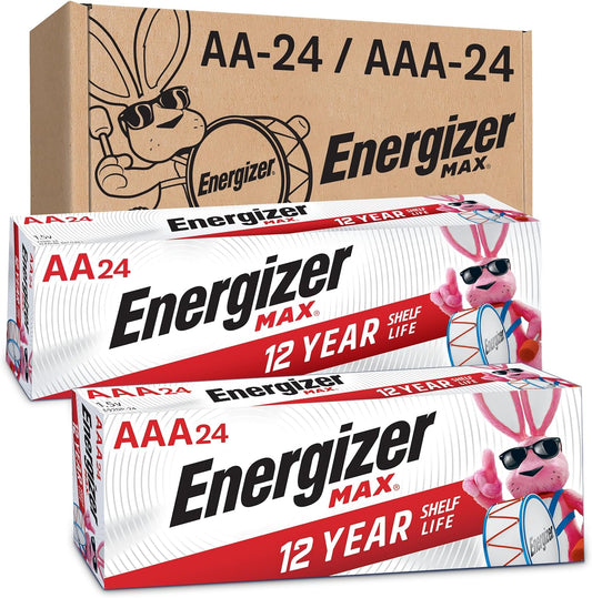 Tech Stop AA and AAA batteries combo pack with 48 max double A and triple A batteries, suitable for various electronic devices.