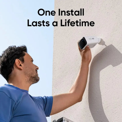 Wireless 2K outdoor solar security camera from Tech Stop showing weatherproof camera with solar panel and mounting bracket.