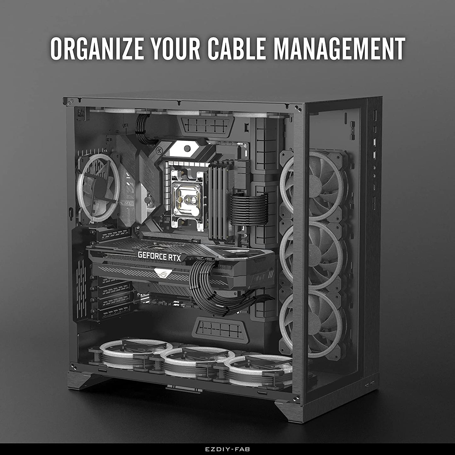 Tech stop black PSU cable extension kit with sleeved 16 AWG power supply cables, 24-pin, 8-pin, 6-pin, and 4+4-pin connectors with combs.