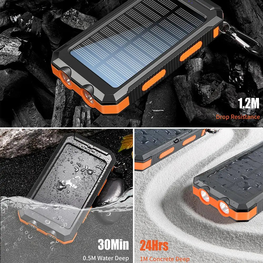 Tech stop 10,000mAh solar power bank with built-in solar panel and USB ports for portable device charging.