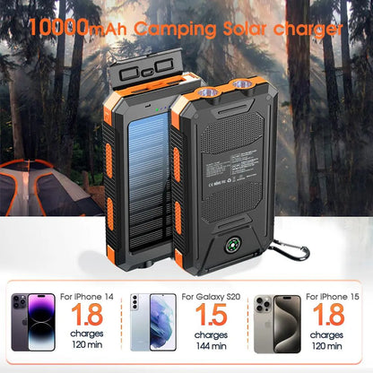 10,000mAh Tech Stop solar power bank with built-in solar panel and USB ports for portable device charging.