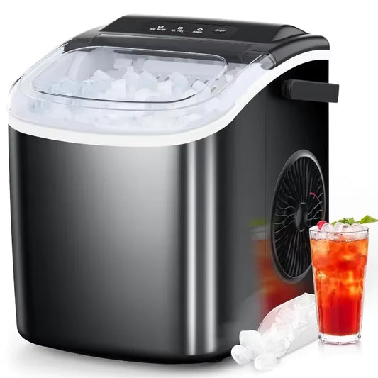 Tech Stop countertop ice maker with 9 bullet ice cubes, self-cleaning feature, and basket, producing 26.5 lbs of ice per day.