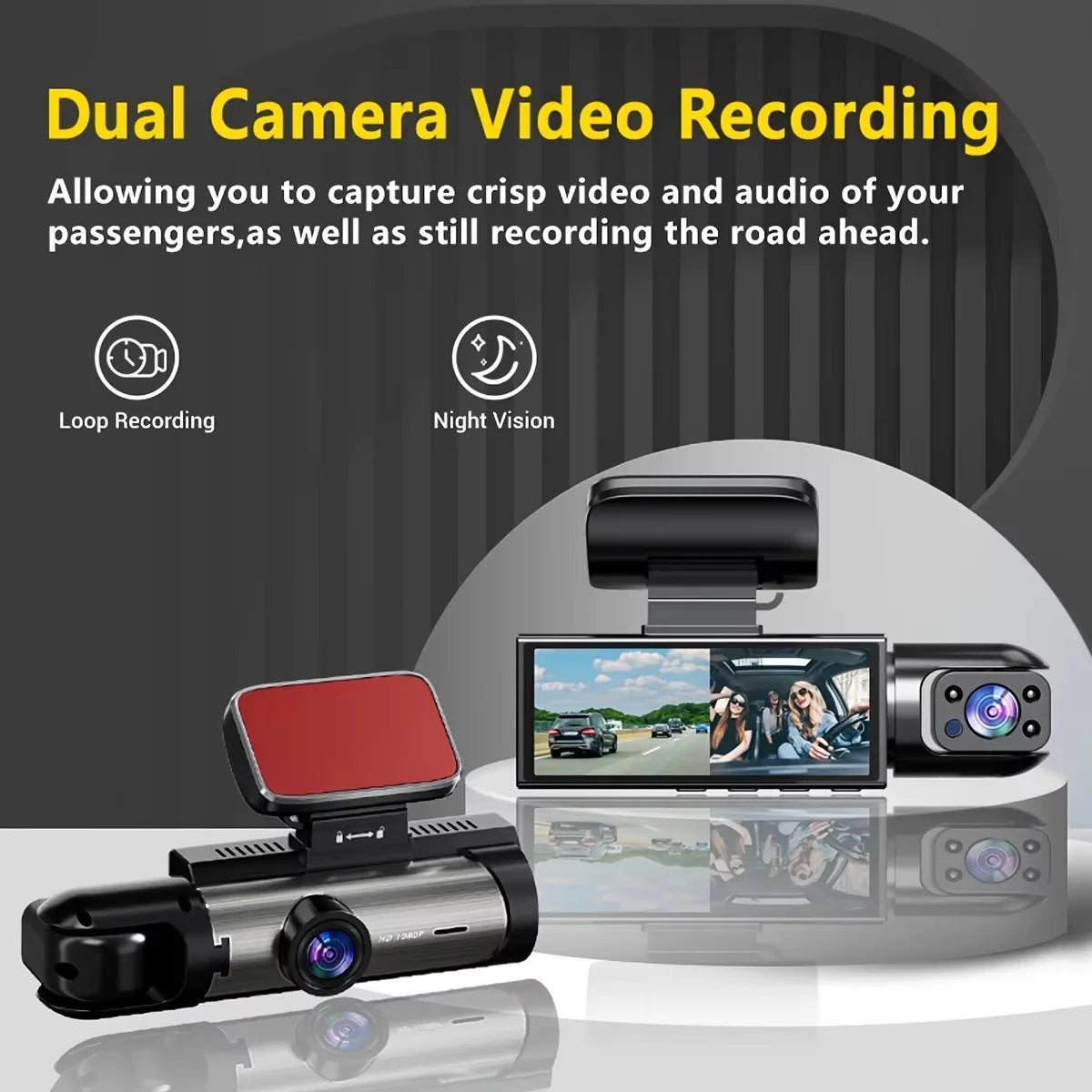 Tech Stop 1080p front and in-car camera capturing clear road footage with a sleek, compact design.