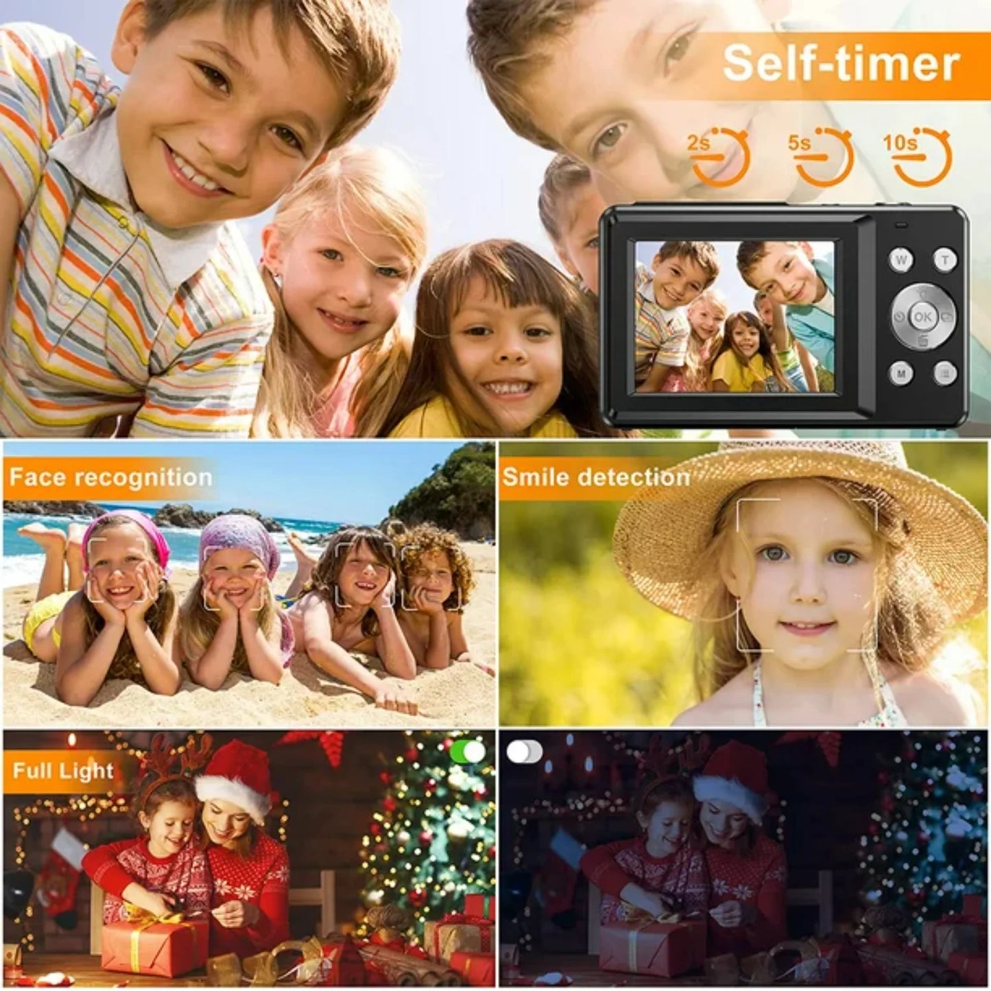 Green Tech Stop 1080P digital camera with 16X zoom, compact point-and-shoot design, suitable for teens and students.