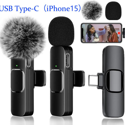 Two wireless Lavalier clip-on microphones by Tech Stop, compact and ideal for clear audio recording and hands-free use.
