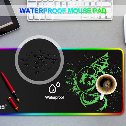 Large Tech Stop RGB anime dragon mouse pad with LED lighting, 15 modes, 31.5 x 12 inches for gaming, green design.