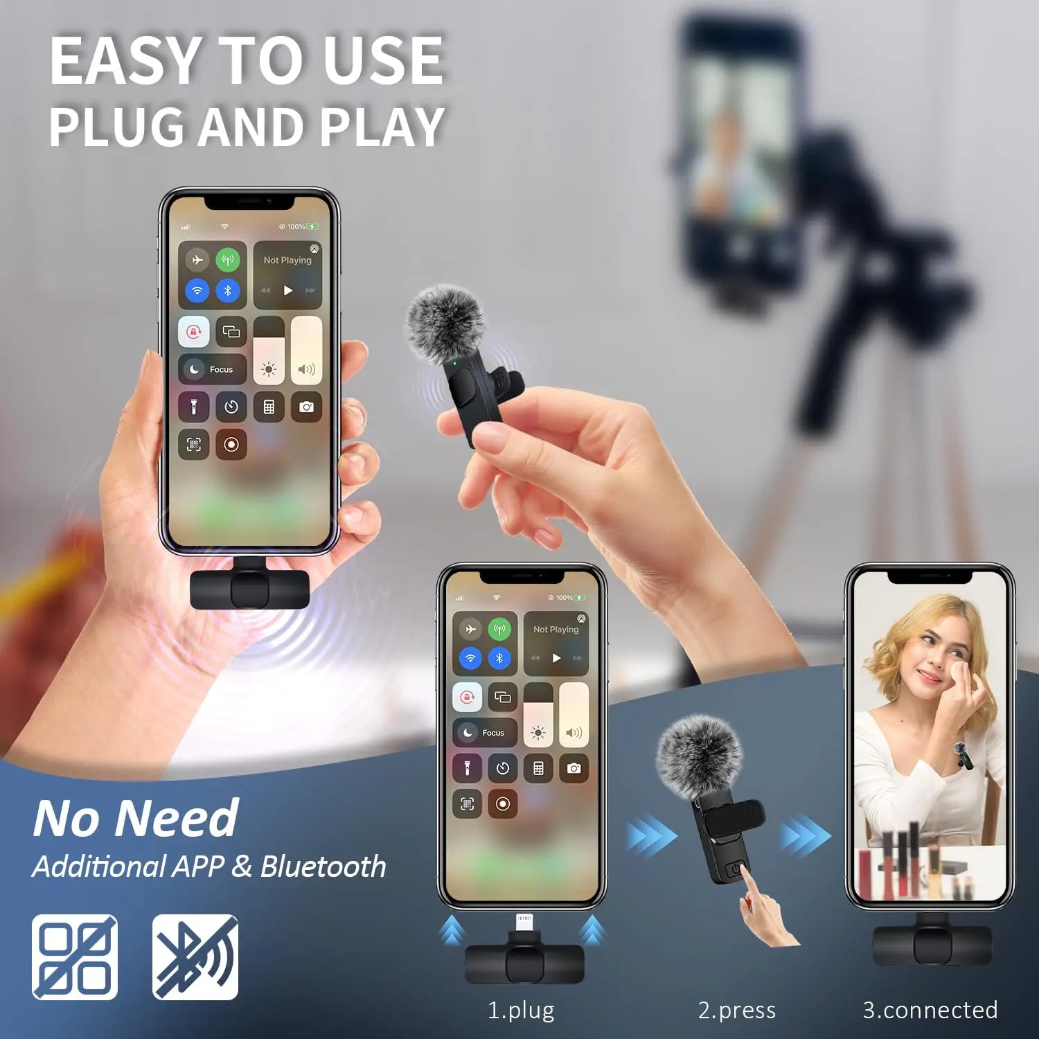 Two wireless lavalier clip-on microphones by Tech Stop, showing compact microphone units with clip attachments on a plain background.
