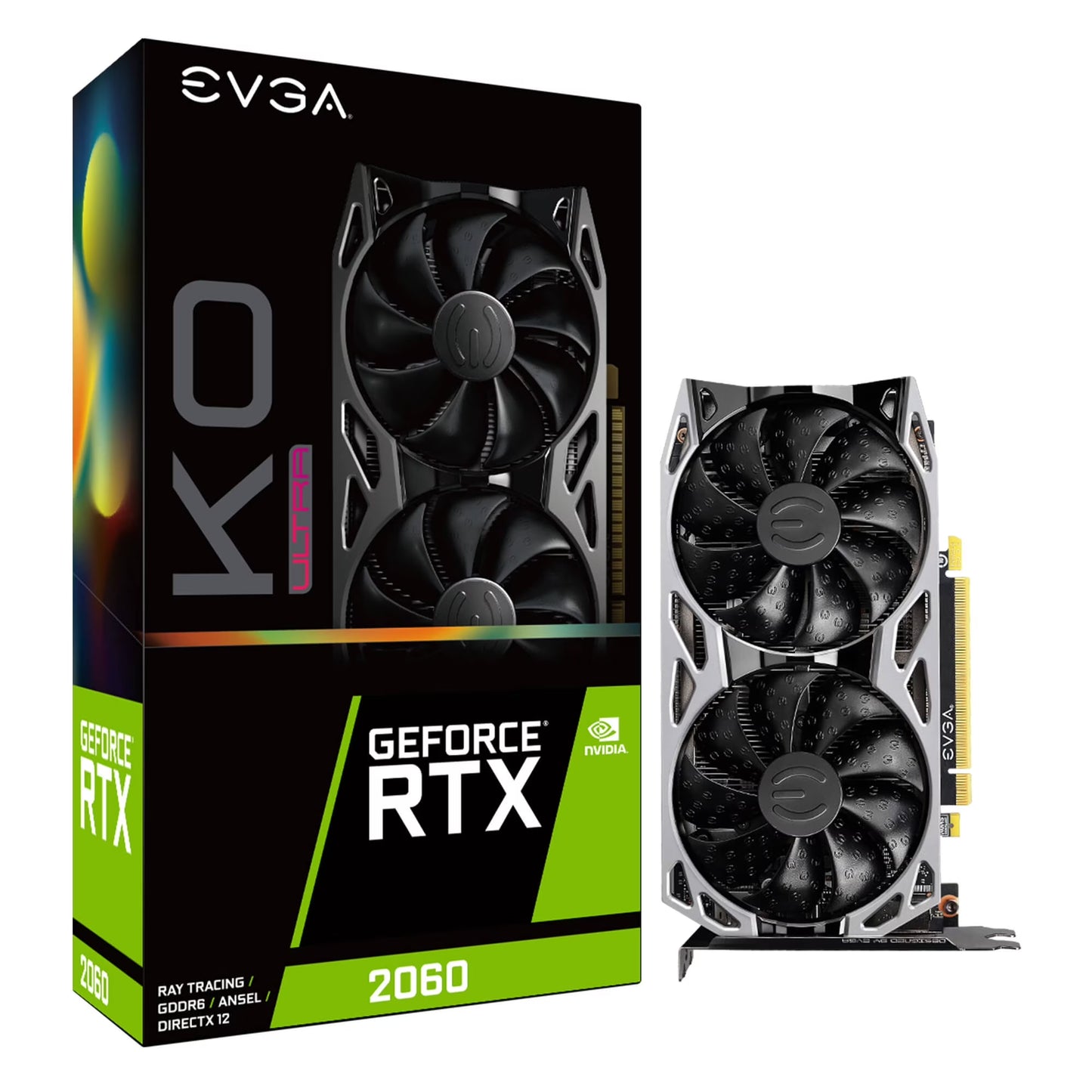 Black Tech Stop 6GB GeForce RTX 2060 KO Ultra Gaming graphics card with dual fans, detailed view of the GPU and cooling system.