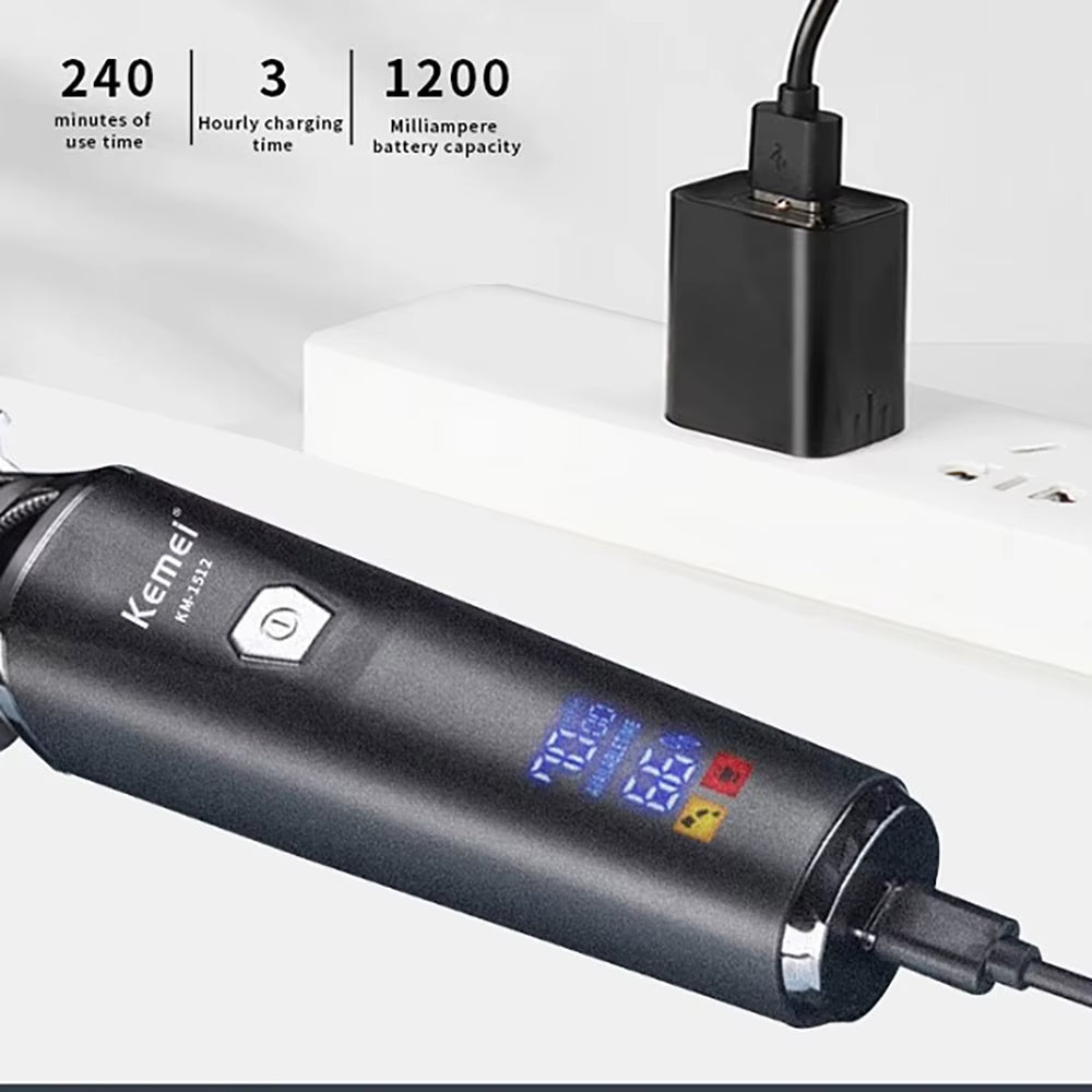 Cordless Zeroblade™ Pro hair trimmer with LCD display and 7000RPM motor, shown with sleek black design and ergonomic grip.
