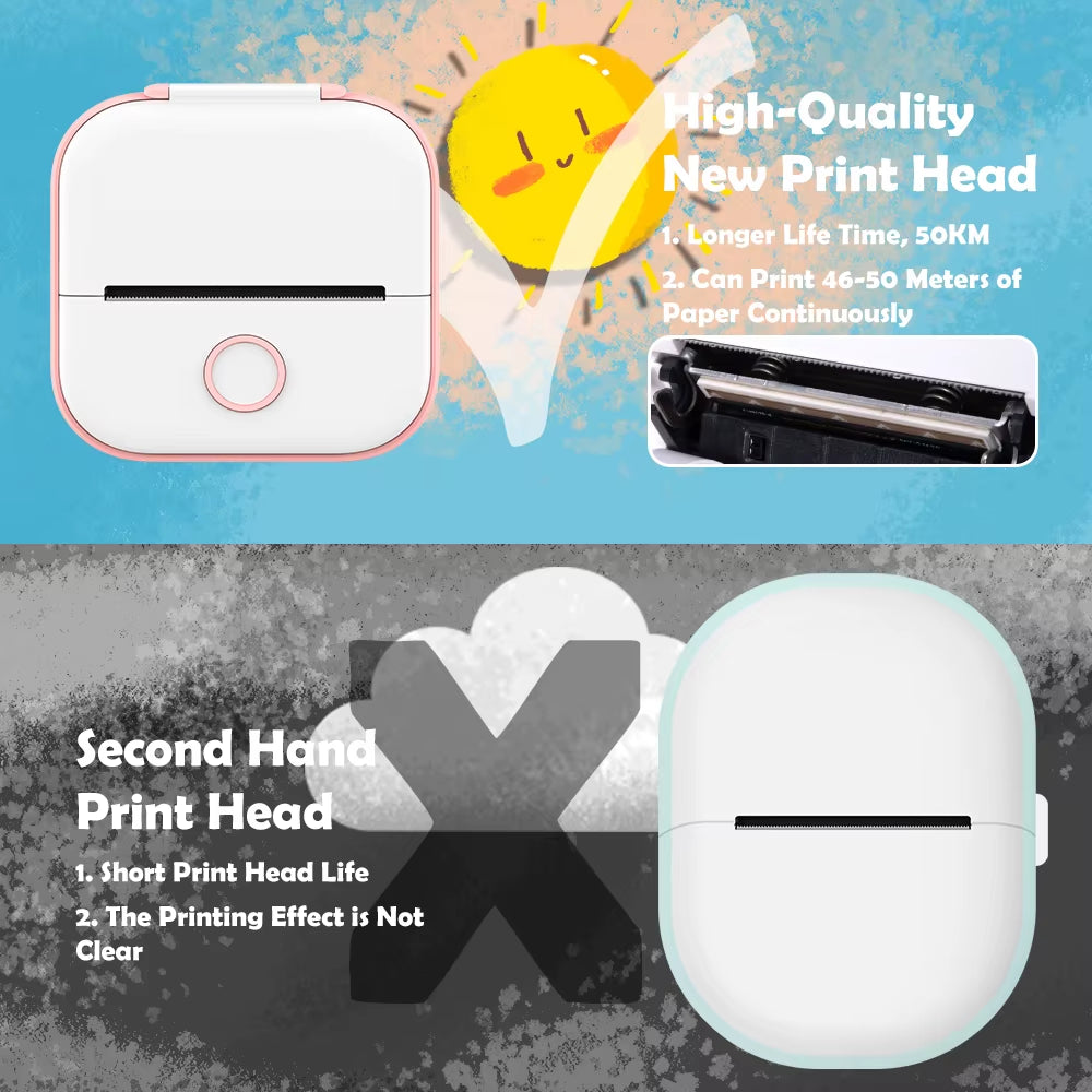 Tech Stop T02 portable mini sticker printer printing self-adhesive labels for journals, notes, photos, and DIY projects.