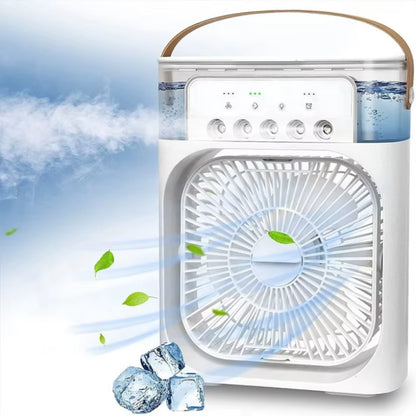 Tech stop portable USB fan with air cooler, LED night light, and humidifier, emitting 28dB of quiet cooling and mist for home use