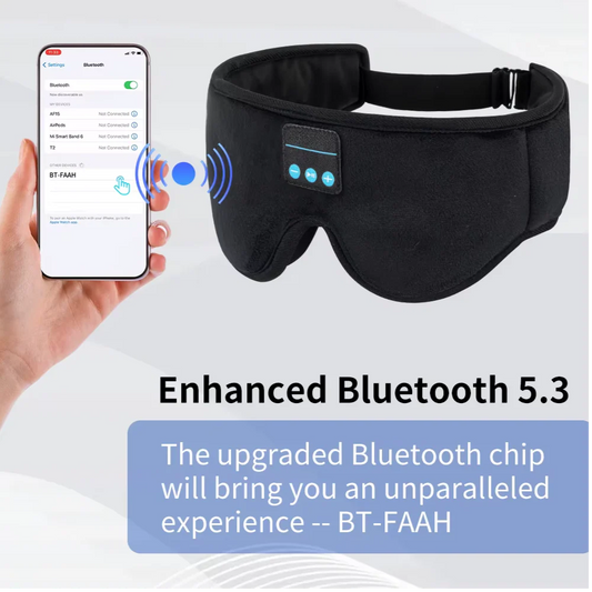 DreamTune 3D Bluetooth sleep mask with wireless headset and adjustable eye cover, soft fabric for comfortable sleep and relaxation.