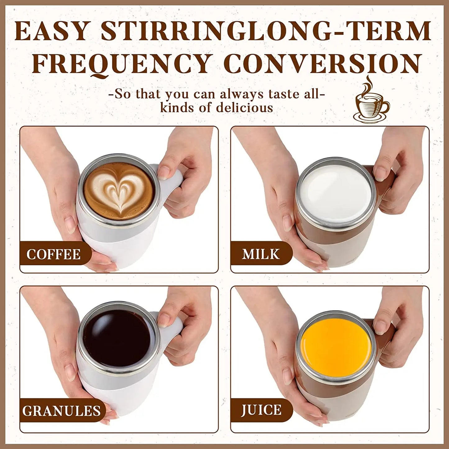 Automatic self-stirring mug by Tech Stop with a sleek black exterior and a lid, ready to mix beverages effortlessly.