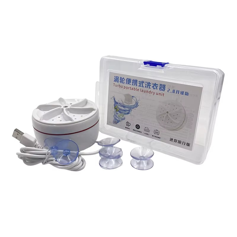 Tech stop Turboclean™ Mini Washer USB-powered ultrasonic laundry device for home and travel, shown in use with clothes.