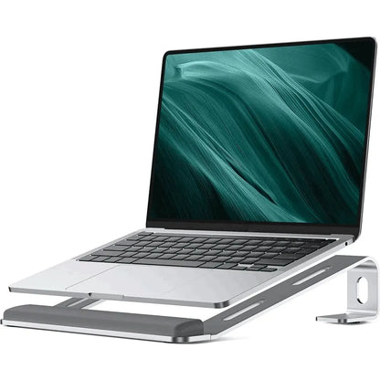 Tech stop ergonomic aluminum laptop stand with wrist pad, portable design, adjustable base for comfortable typing and improved posture.