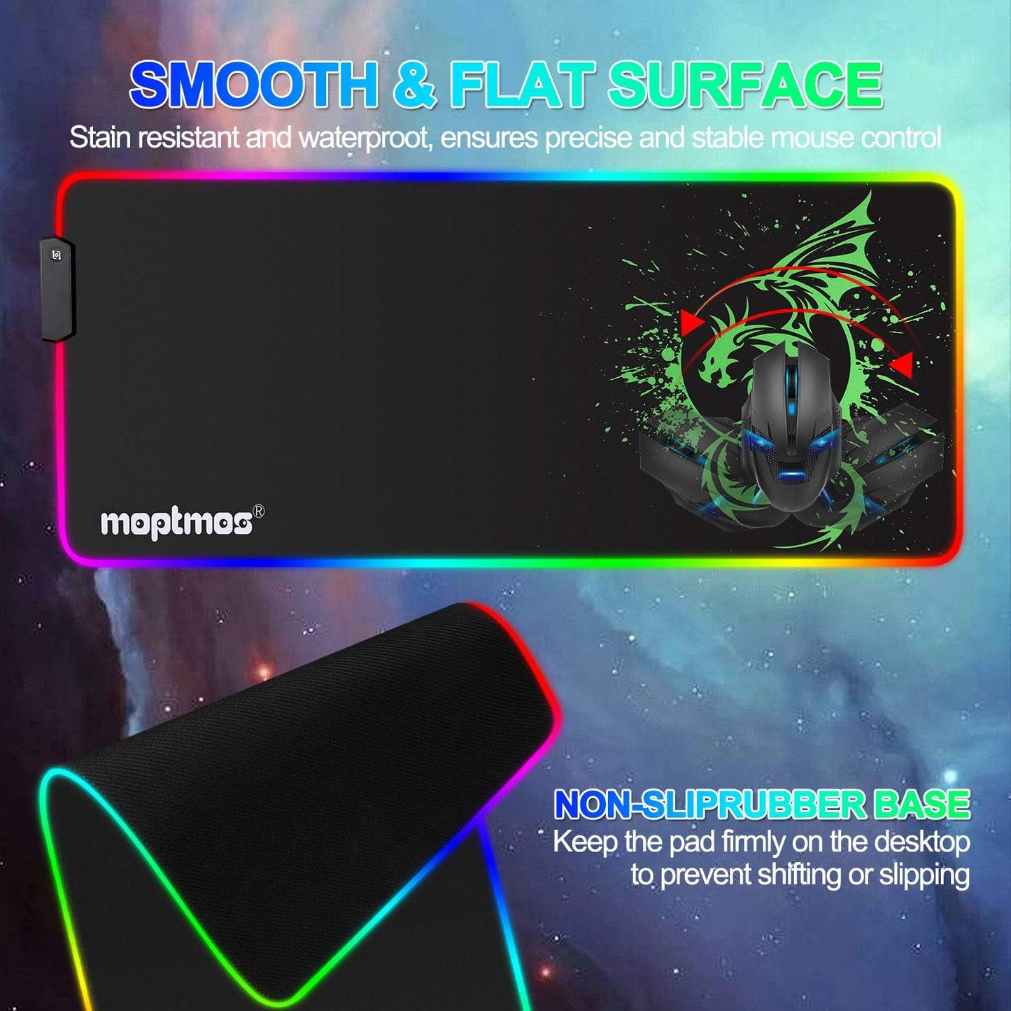 Large green RGB dragon-themed gaming mouse pad from Tech Stop with LED lighting and 15 modes, measuring 31.5 x 12 inches