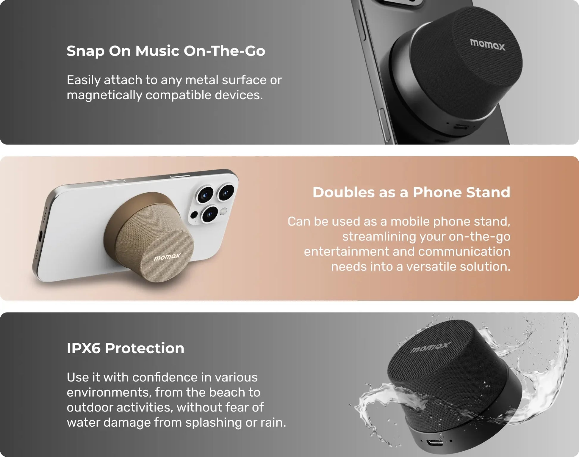 Tech stop MOMAX 1-Vibe Go magnetic wireless speaker with phone stand, showing waterproof design and compact portable form.