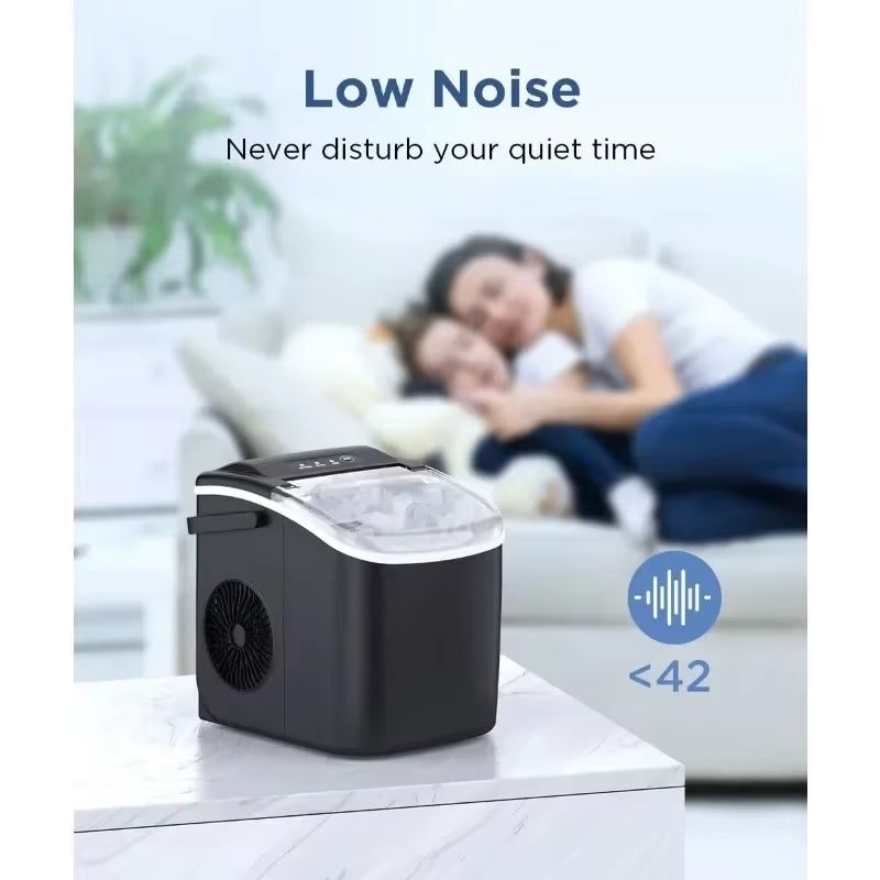 Portable Tech Stop countertop ice maker producing 9 bullet ice cubes in 6 minutes with self-cleaning, basket included.