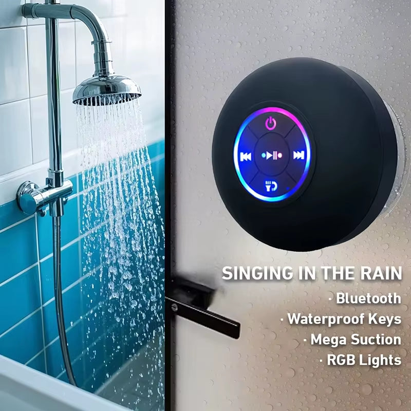 Tech stop AquaBeat Mini waterproof Bluetooth speaker with LED lights, powerful sound, and suction cup mount for versatile use