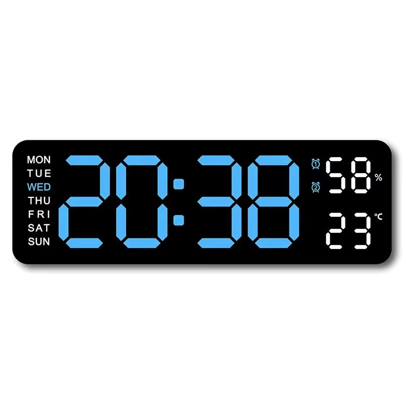 Large LED digital wall clock by Tech Stop displaying time, temperature, humidity, and week in a modern design.