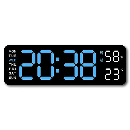 Large LED digital wall clock by Tech Stop displaying time, temperature, humidity, and week in a modern design.