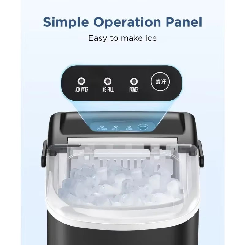Portable Tech Stop countertop ice maker producing bullet-shaped ice cubes, with self-cleaning and 26.5 lbs per 24 hours capacity.
