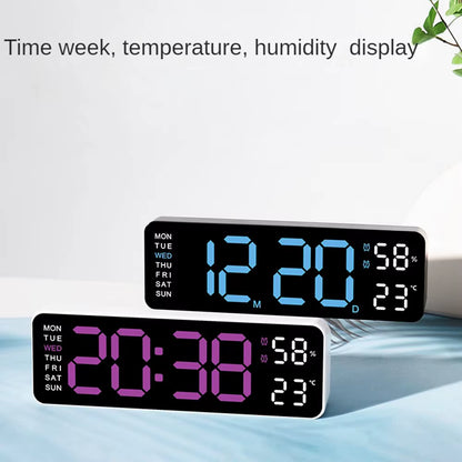 Large LED digital wall clock by Tech Stop displaying time, temperature, humidity, and week day in a modern design.