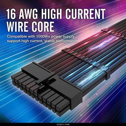 Black Tech Stop PSU cable extension kit with sleeved 16 AWG cables, 24-pin, 8-pin, 6-pin, and 4+4-pin connectors with combs.
