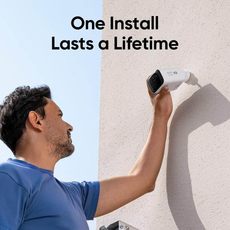 Wireless 2K outdoor solar security camera by Tech Stop, showing the camera with solar panel and mounting bracket outdoors.