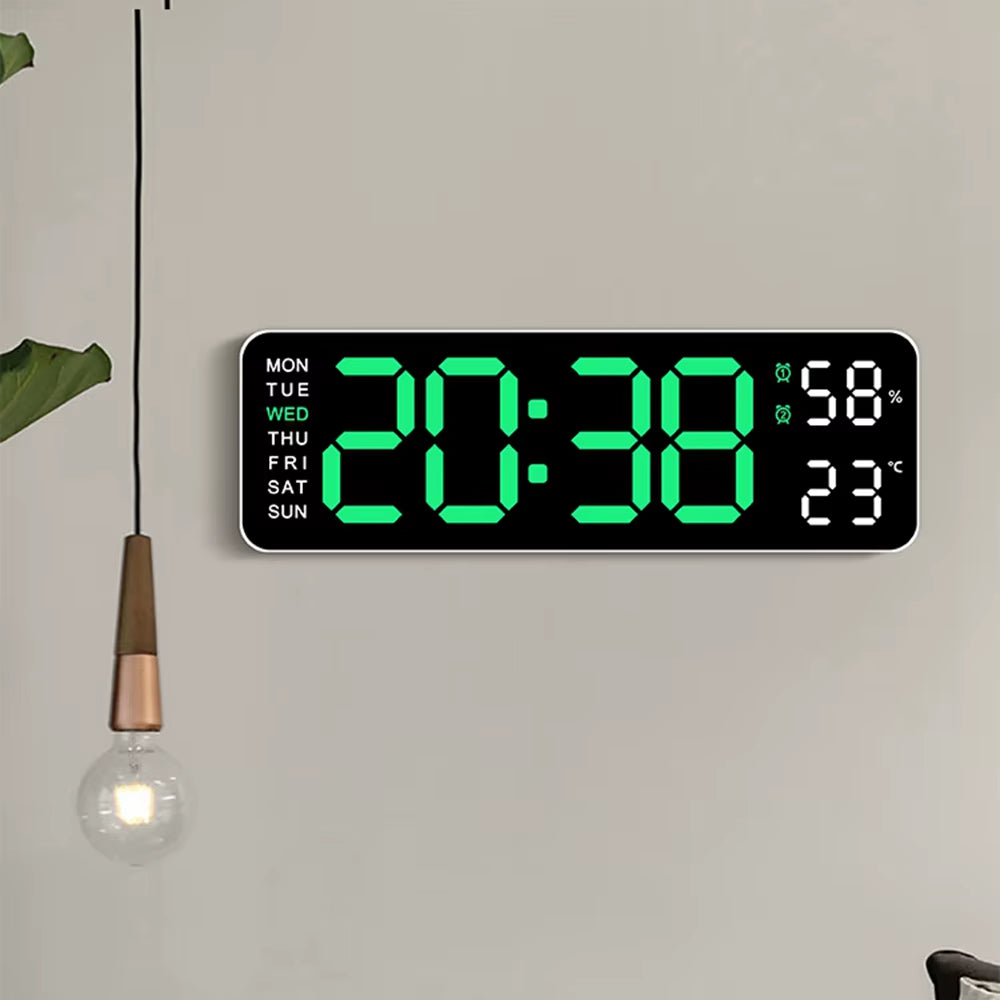 Large LED digital wall clock by Tech Stop displaying time, temperature, humidity, and week with clear, bright LED digits.