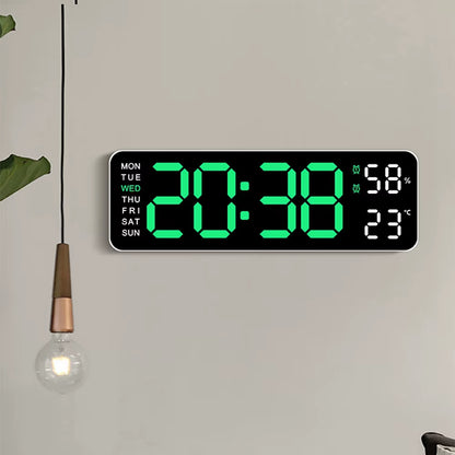 Large LED digital wall clock by Tech Stop displaying time, temperature, humidity, and week with clear, bright LED digits.