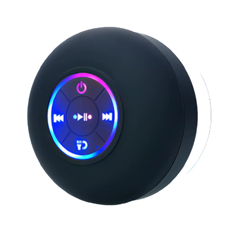 Tech stop AquaBeat Mini waterproof Bluetooth speaker with LED lights, powerful sound, and suction cup mount for portable use