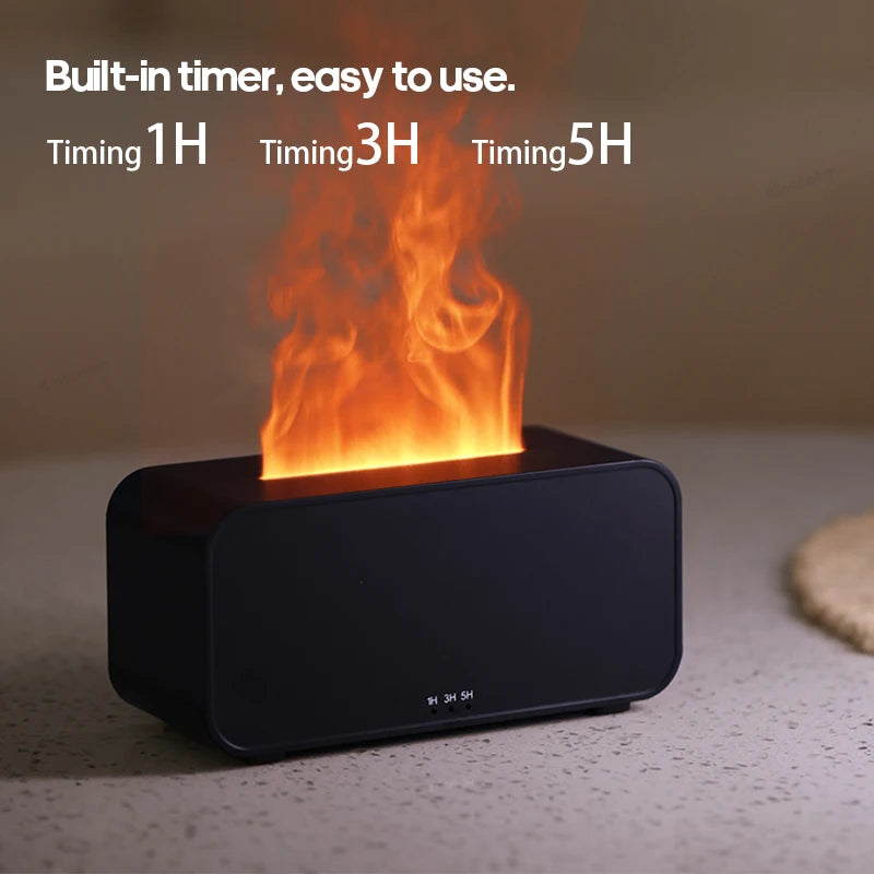 Small Tech Stop Flame Mist Diffuser emitting a gentle mist with a decorative flame design for calming ambiance.