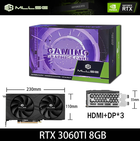 Tech Stop RTX 3060Ti 8GB graphics card with GDDR6 memory, PCIe 4.0 interface, and cooling fans for gaming and high-performance video.