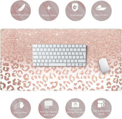 Large pink rose gold leopard print Desk Mat XXL mouse pad with stitched edges and non-slip bottom for office decor.