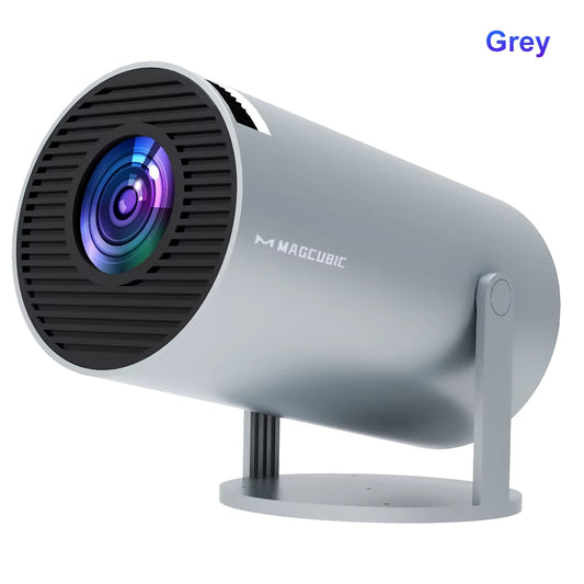 Tech stop CineCast™ HY300 PRO 4K ready smart projector with WiFi 6, displaying a vibrant movie scene on a home wall.
