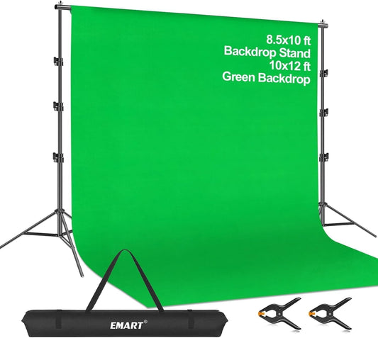Tech Stop 8.5x10ft green screen backdrop stand kit with 10x12ft cotton muslin chromakey background for photo and video studio use.