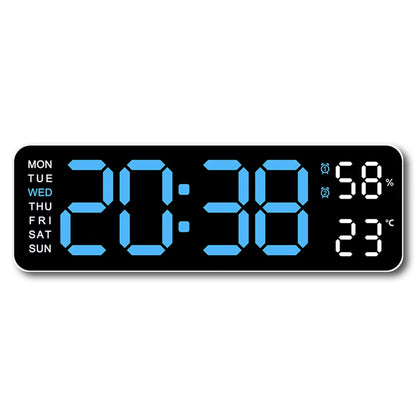 Large LED digital wall clock by Tech Stop displaying time, temperature, humidity, and week information on a modern wall.