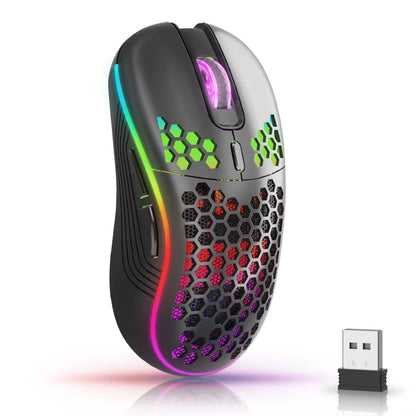 Tech stop 2.4G wireless gaming mouse with RGB backlit, ergonomic honeycomb design, 6 buttons, and Type C rechargeable port.