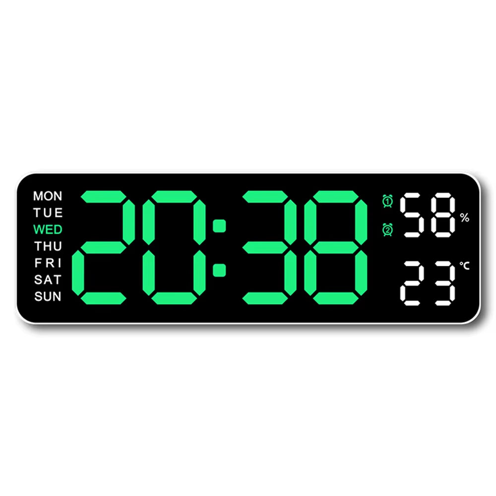 Large LED digital wall clock by Tech Stop displaying time, temperature, humidity, and week information on a modern wall.