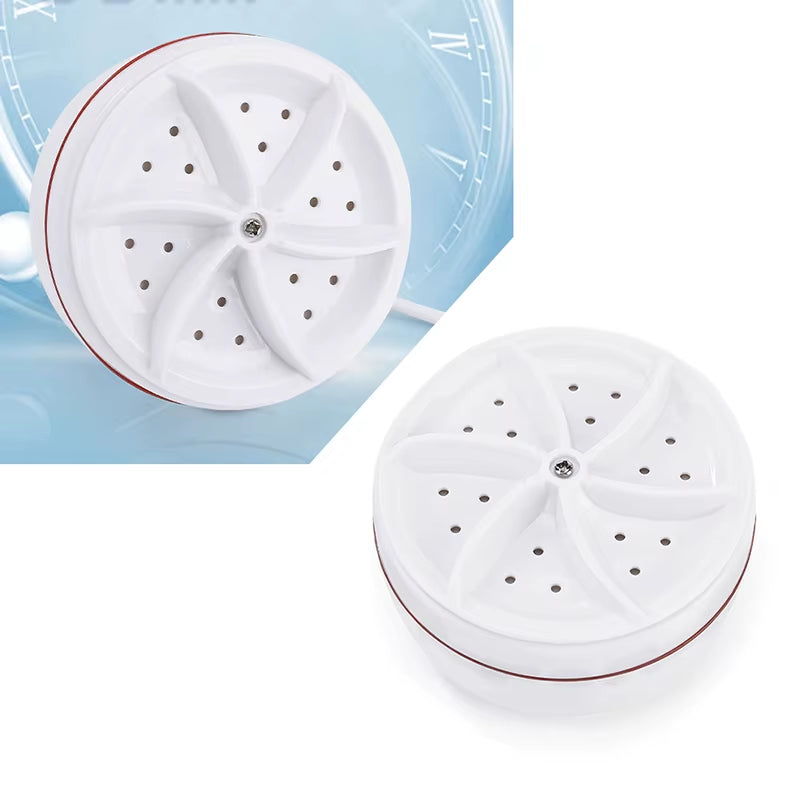 Tech stop Turboclean™ Mini Washer USB-powered ultrasonic laundry device for home and travel, shown in use.