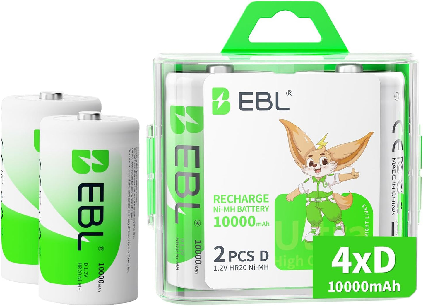 Tech stop D Cell rechargeable batteries, 10,000mAh Ultra Pro Ni-MH, 4-pack with storage case, suitable for high-power devices