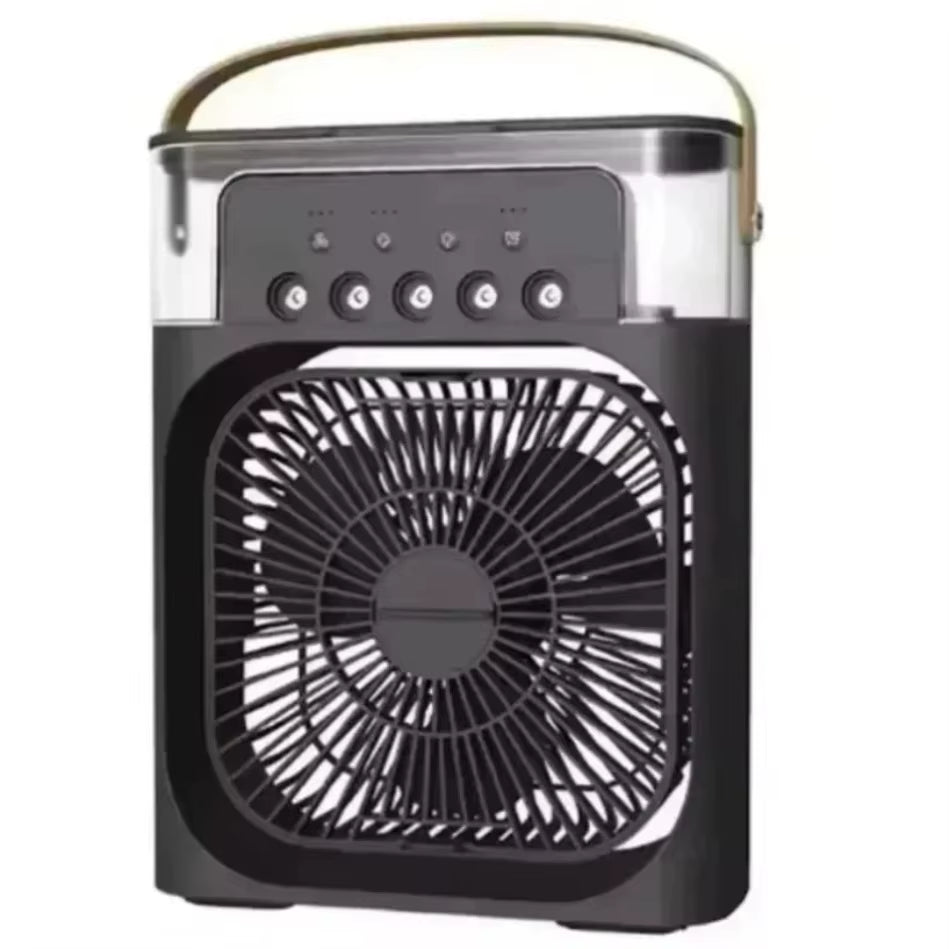 Tech stop portable USB fan and air cooler with LED night light, water mist, and humidifier for home use.
