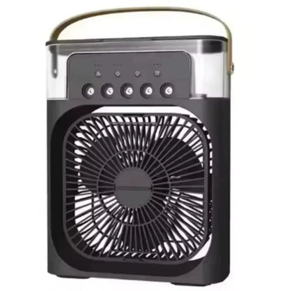 Tech stop portable USB fan and air cooler with LED night light, water mist, and humidifier for home use.