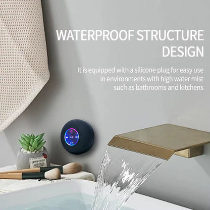Tech stop AquaBeat Mini waterproof Bluetooth speaker with LED lights, powerful sound, and suction cup mount for versatile use.